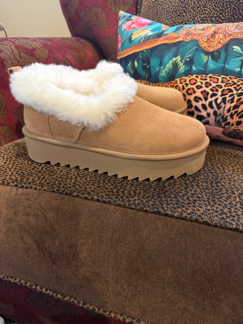 UGG Chestnut Suede Platform Slip-On Bootie with Cream Shearling Collar